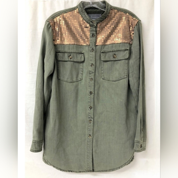 Anthropologie Tops - ANTHROPOLOGIE Army Green Sequined Cargo Button Down Shirt